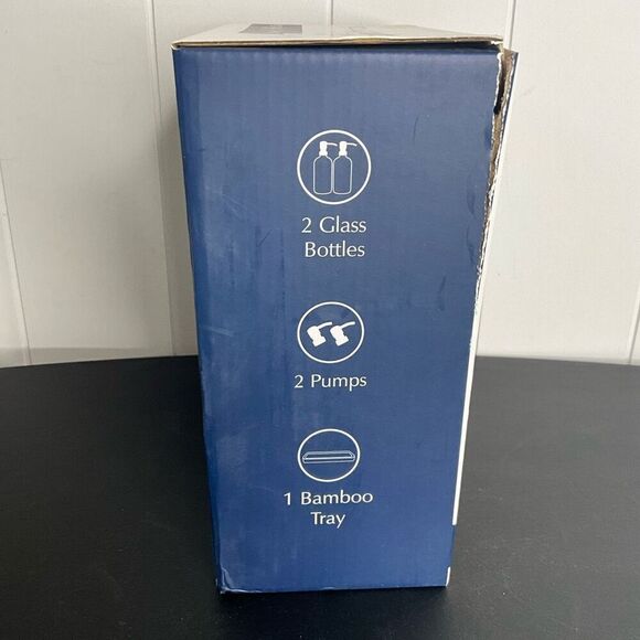 Emerson Essentials 2 Bottle Glass Set Bamboo Tray White 16 Oz Soap Shampoo New - Picture 2 of 6